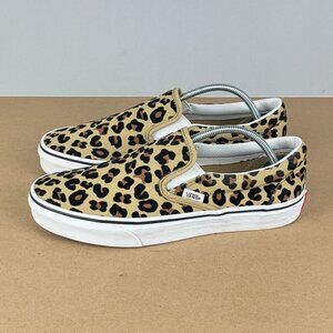 Vans Classic Slip On Leopard Print Felt Sneakers Womens 9.5 Tan Brown Black
